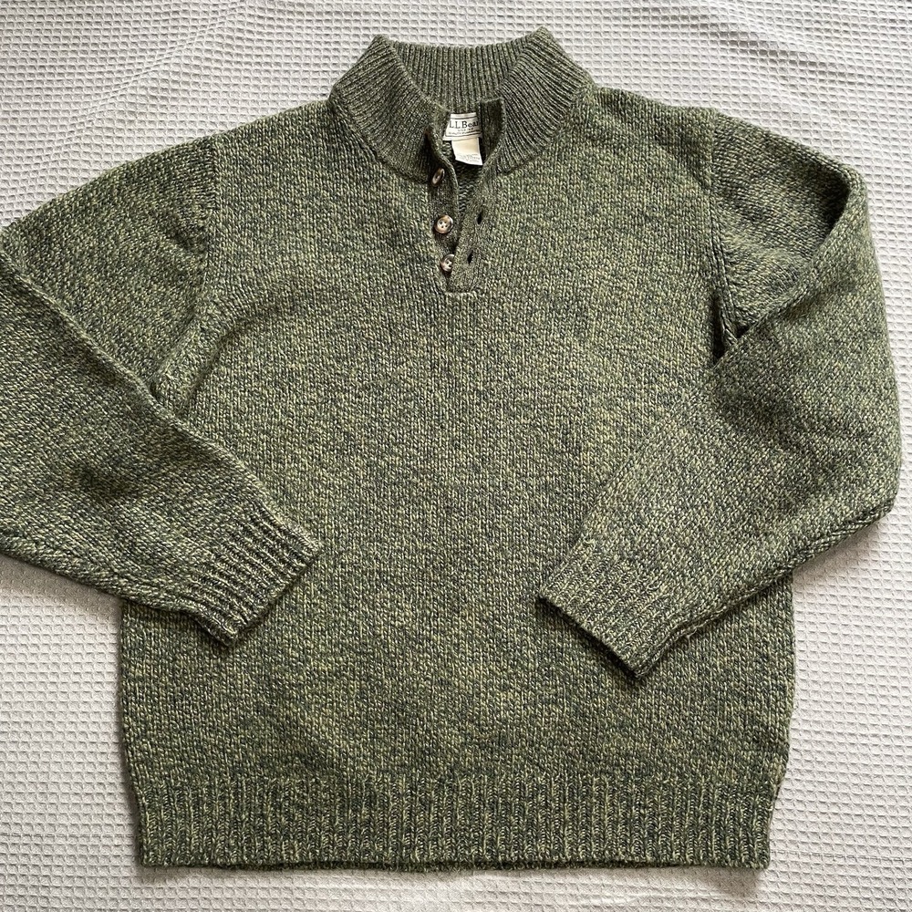 LL Bean Lambswool Classic Ragg Henley Sweater Large Men's Green Marl